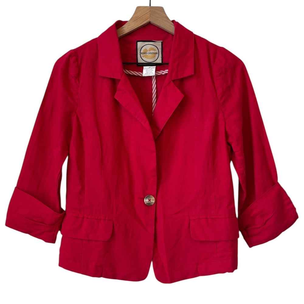 Body Central Red Linen Cotton Blend Blazer Jacket Md Ruched Sleeves Lightweight
